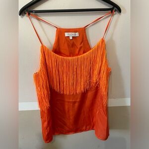 Please Tank Top Coral Spaghetti Straps Scoop Neck Fringe.